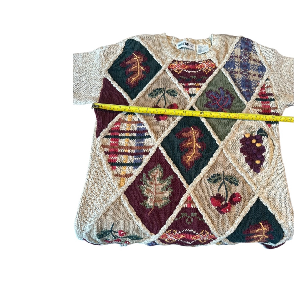 Vintage White Stag Patchwork Knit Sweater Folk Art Cottagecore M Longline Winter - Picture 6 of 16